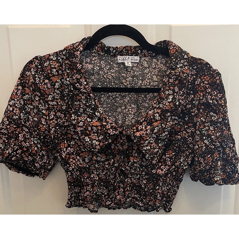 Rabbit Rose Ditsy Flower Crop Puff Sleeve Floral Top Womens M‎ Festival Coquette